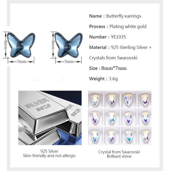 Sterling Silver Swarovsk Crystal Butterfly Studs. - Picture 4 of 5